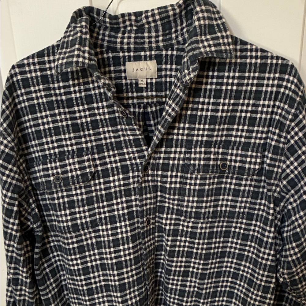 Jachs Men's Dark Blue-Green, Black and White Checkered Flannel